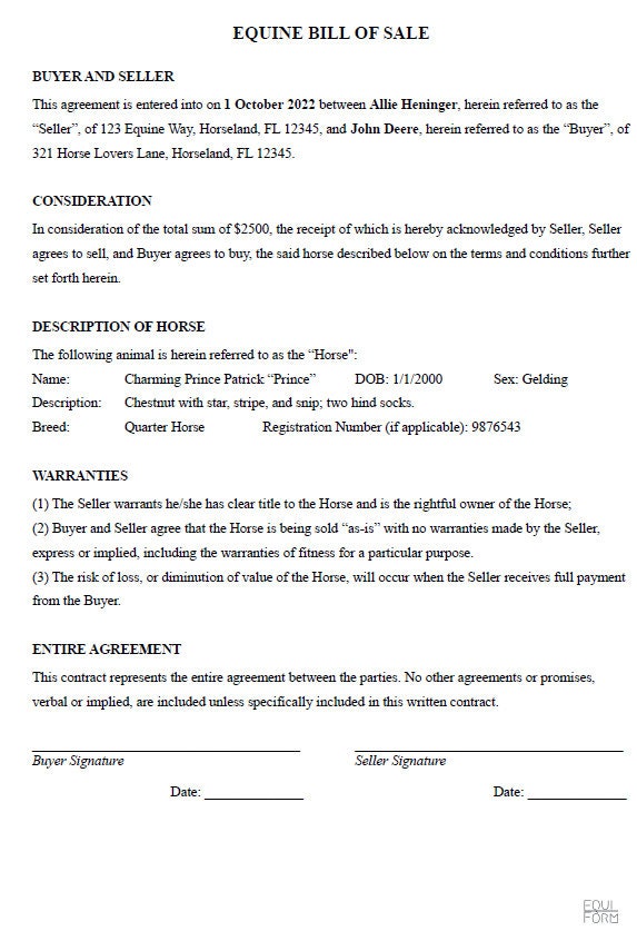 Simple Equine Bill of Sale