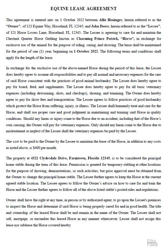 Simple Equine Lease Agreement