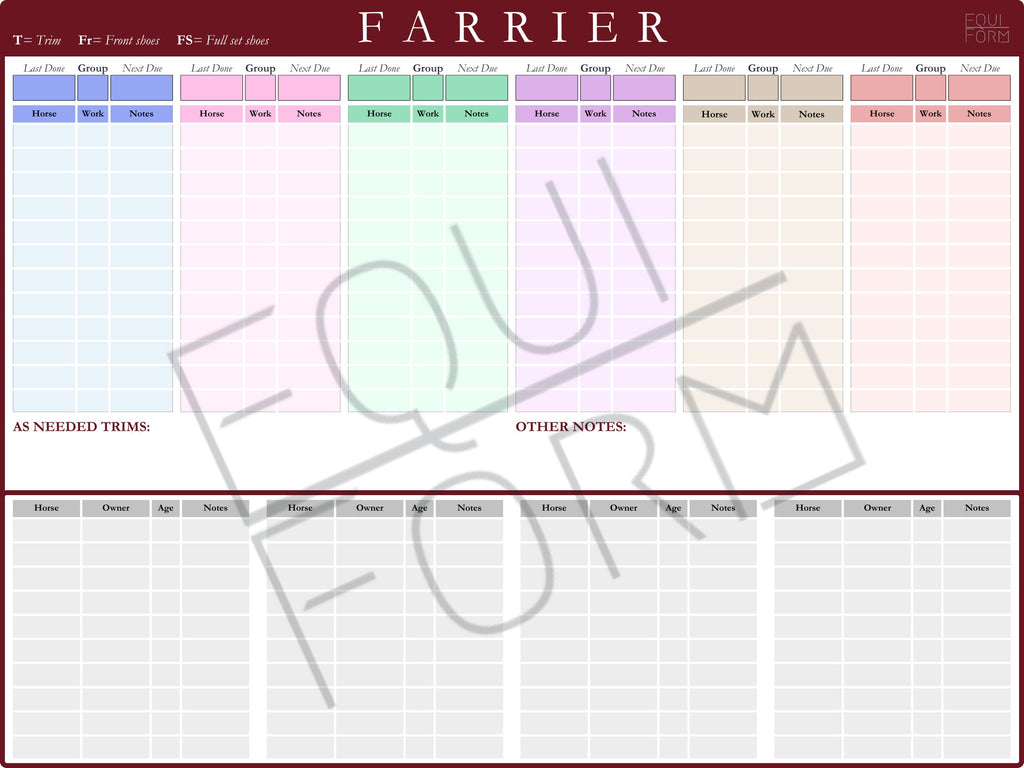 Farrier Schedule Dry Erase Whiteboard