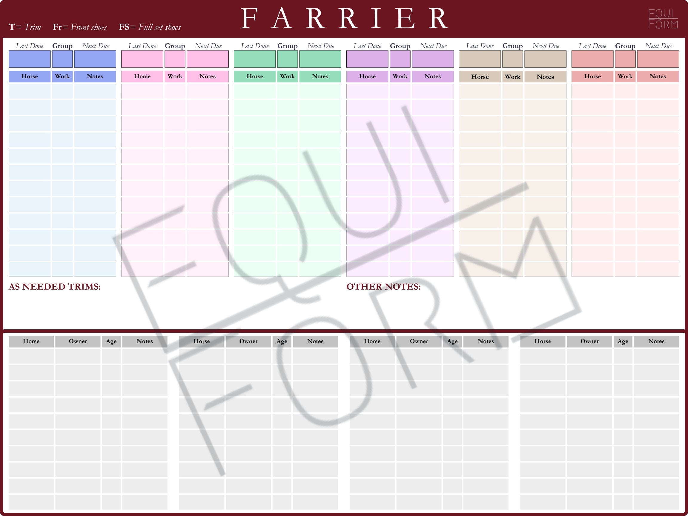 Farrier Schedule Dry Erase Whiteboard