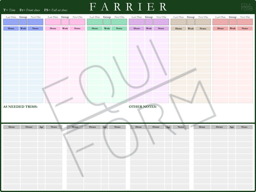 Farrier Schedule Dry Erase Whiteboard