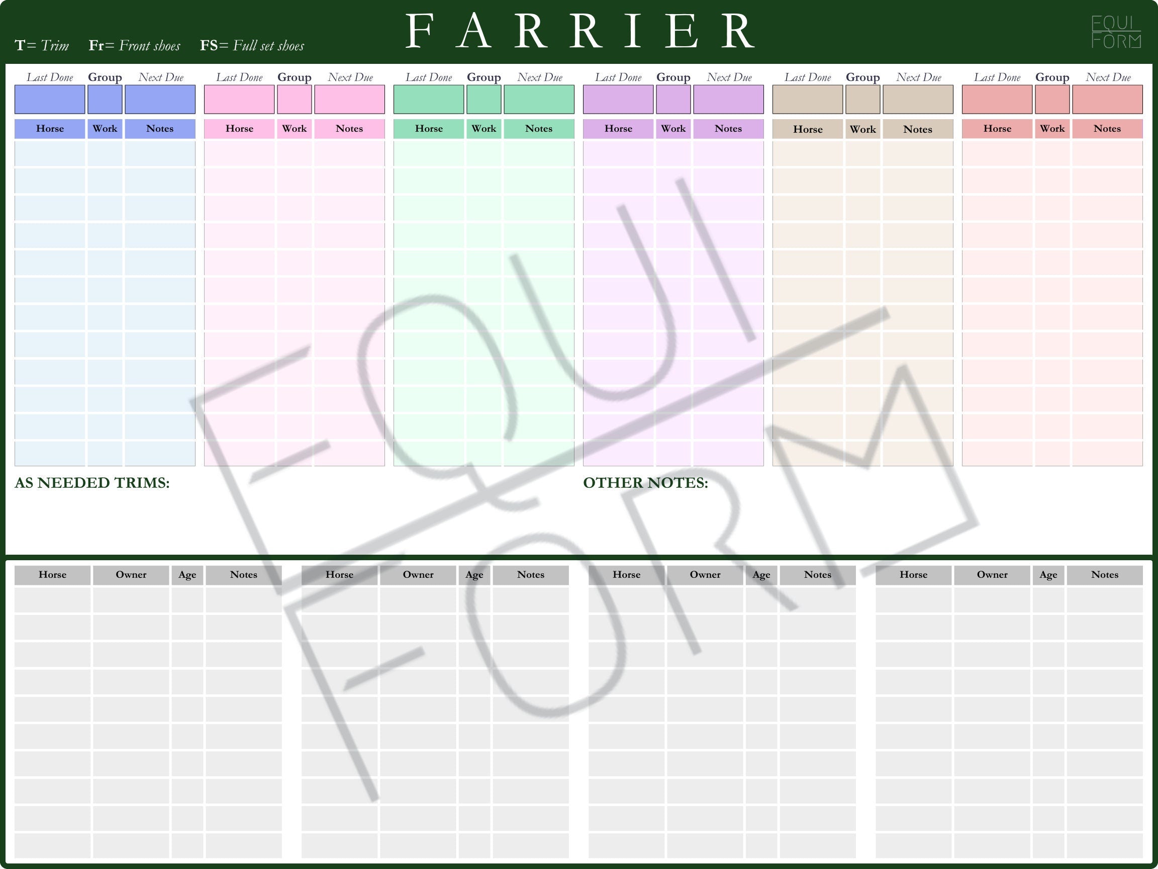 Farrier Schedule Dry Erase Whiteboard