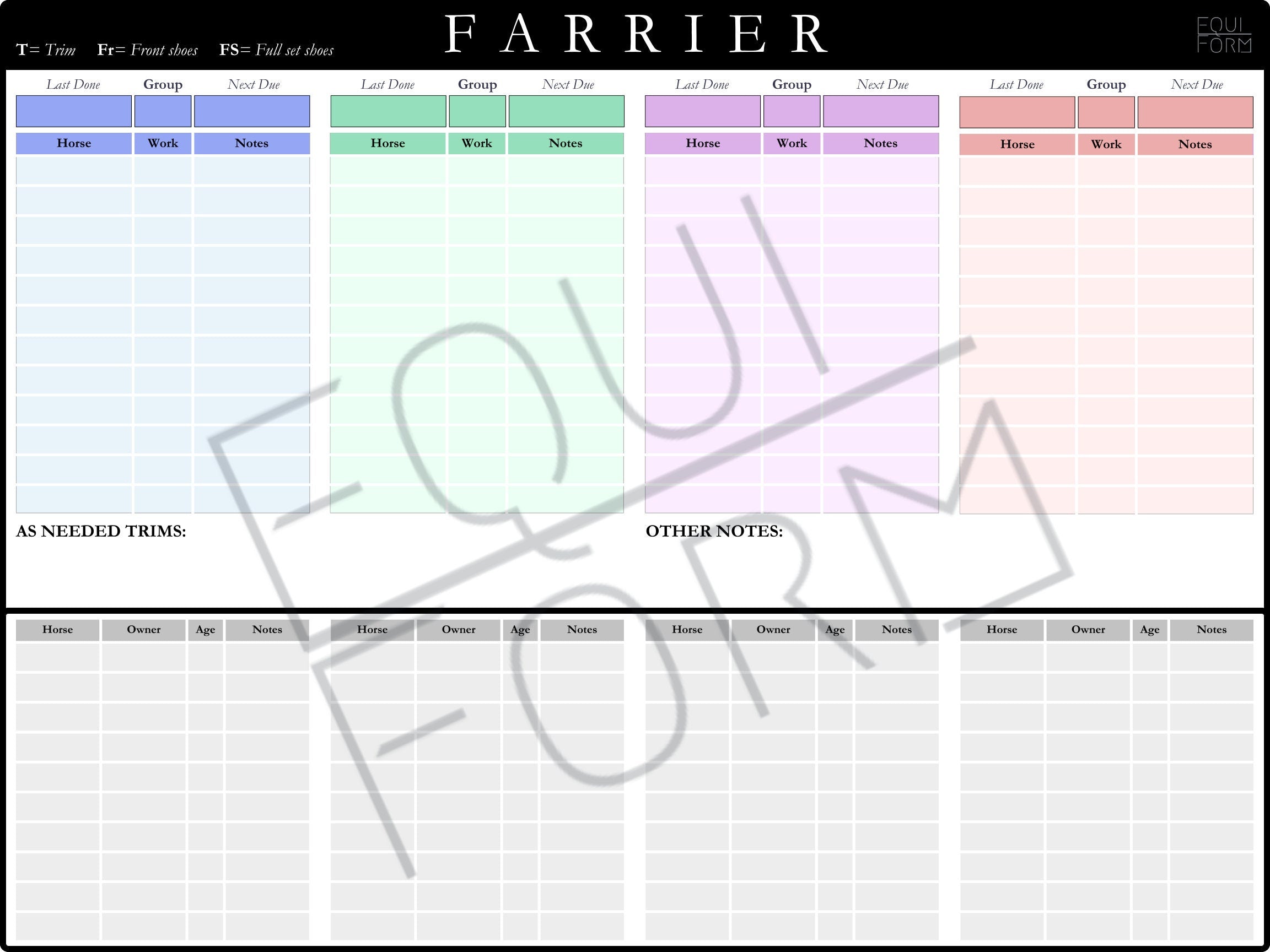Farrier Schedule Dry Erase Whiteboard