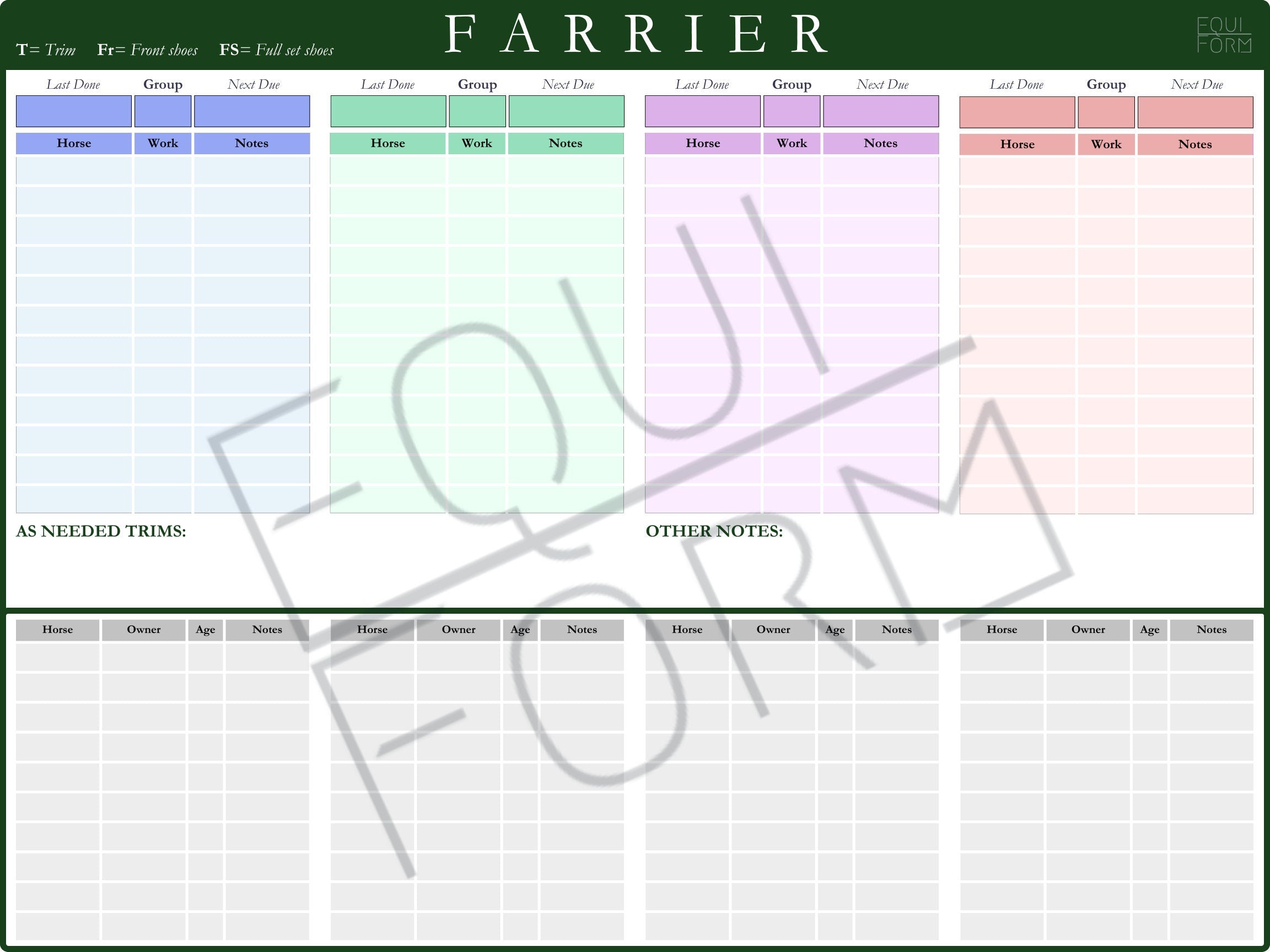 Farrier Schedule Dry Erase Whiteboard