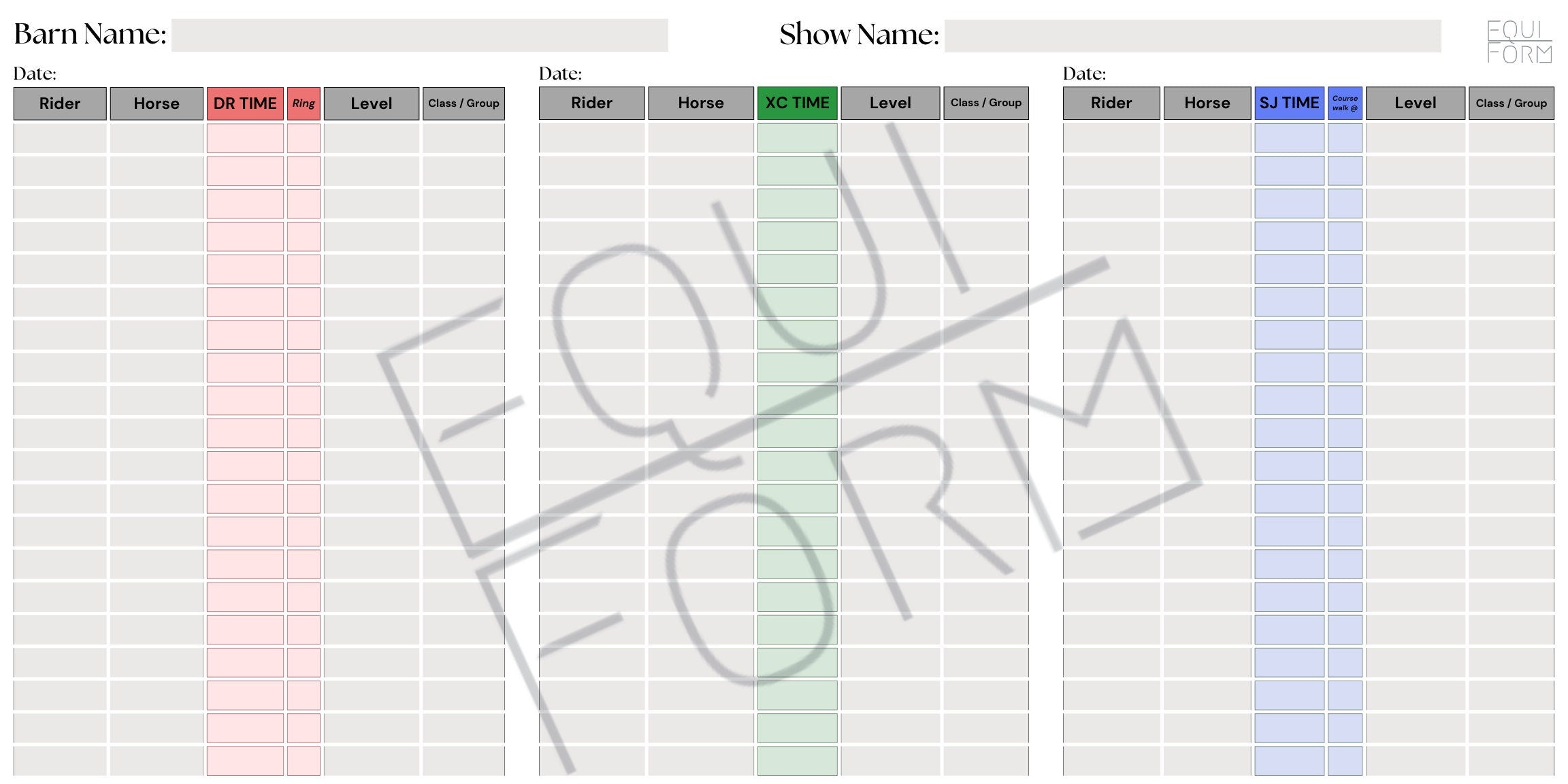 Eventing Ride Times Dry Erase Whiteboard