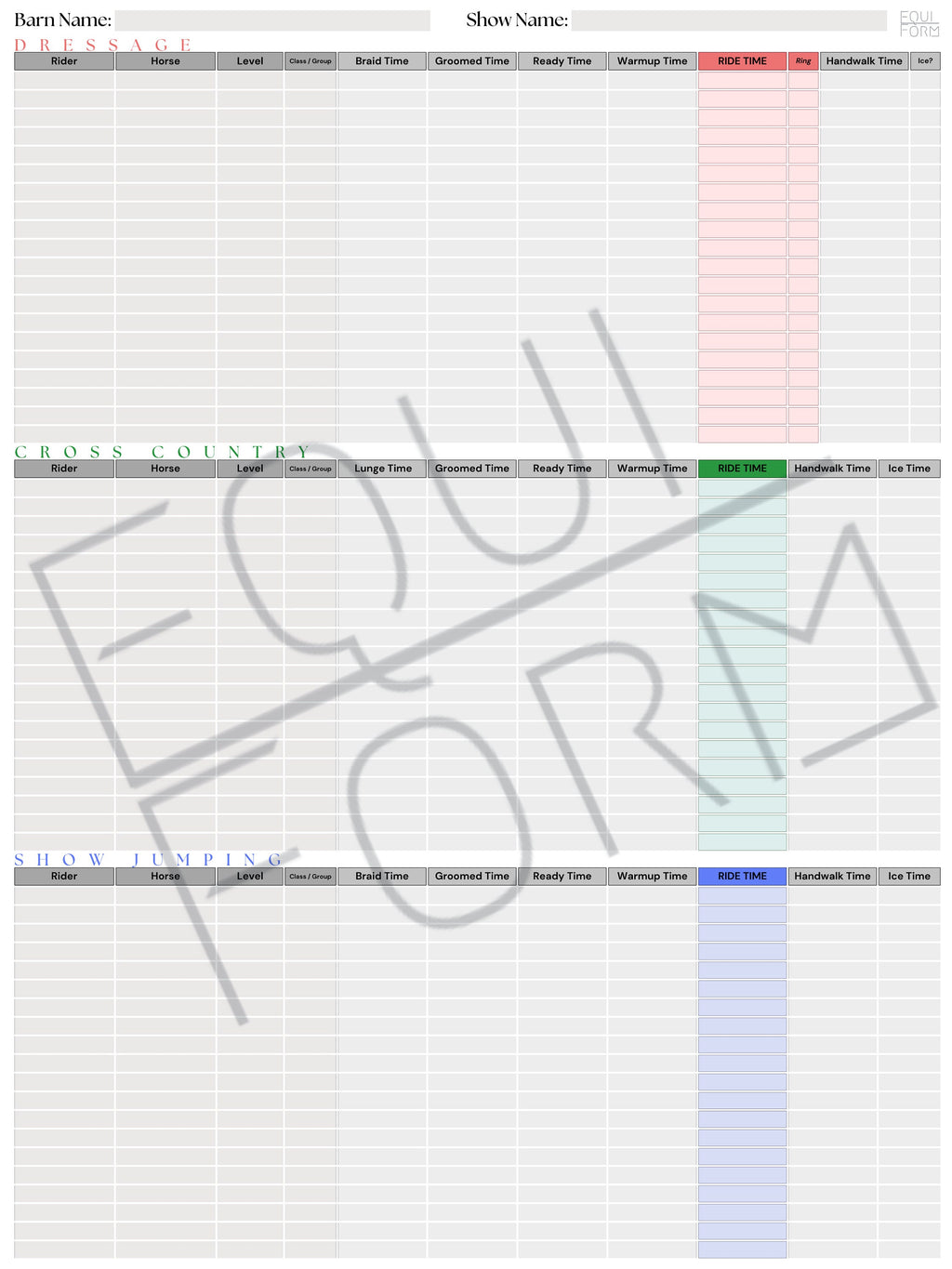 Deluxe 3-Day Event Ride Times Dry Erase Whiteboard