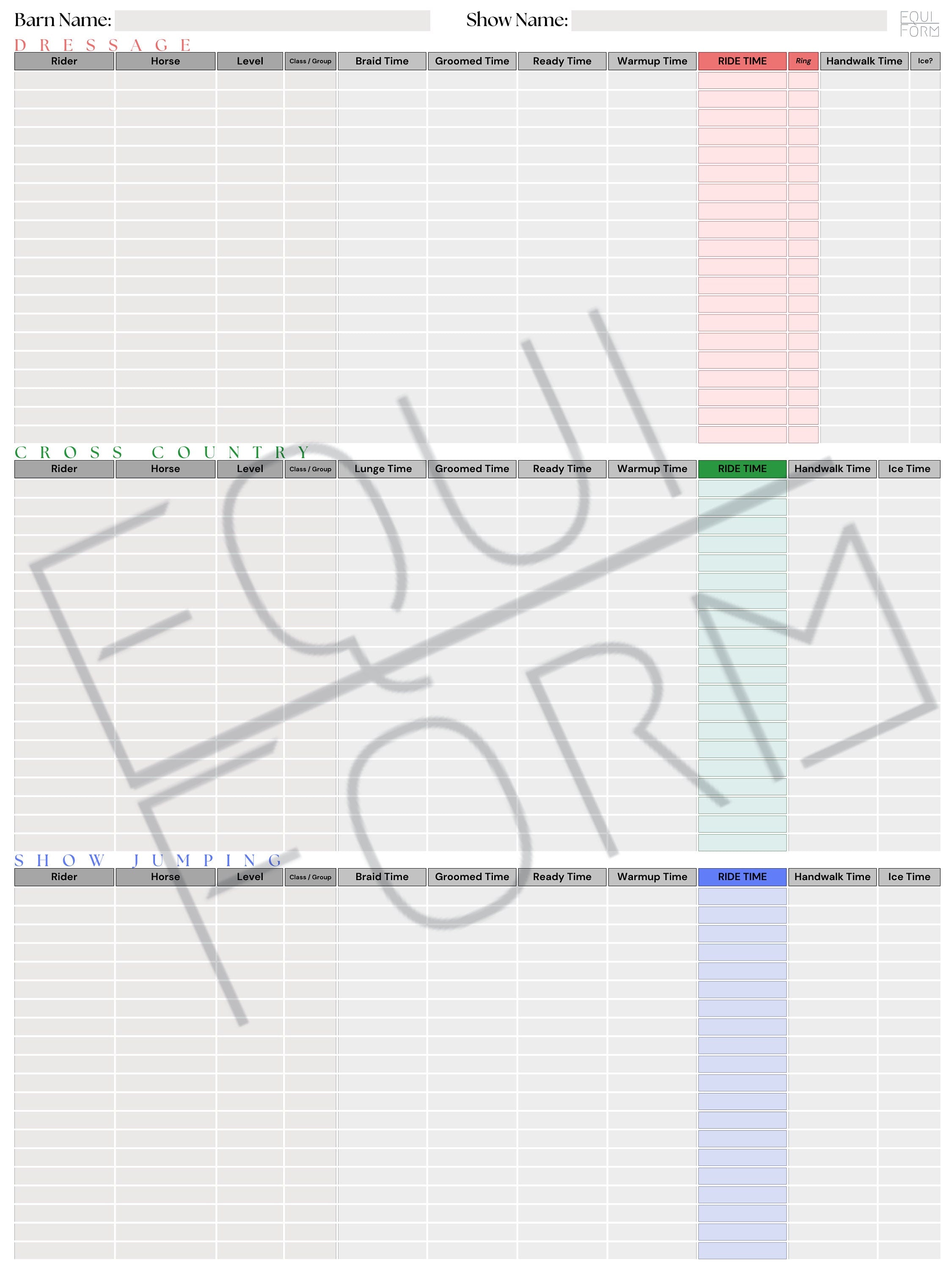 Deluxe 3-Day Event Ride Times Dry Erase Whiteboard