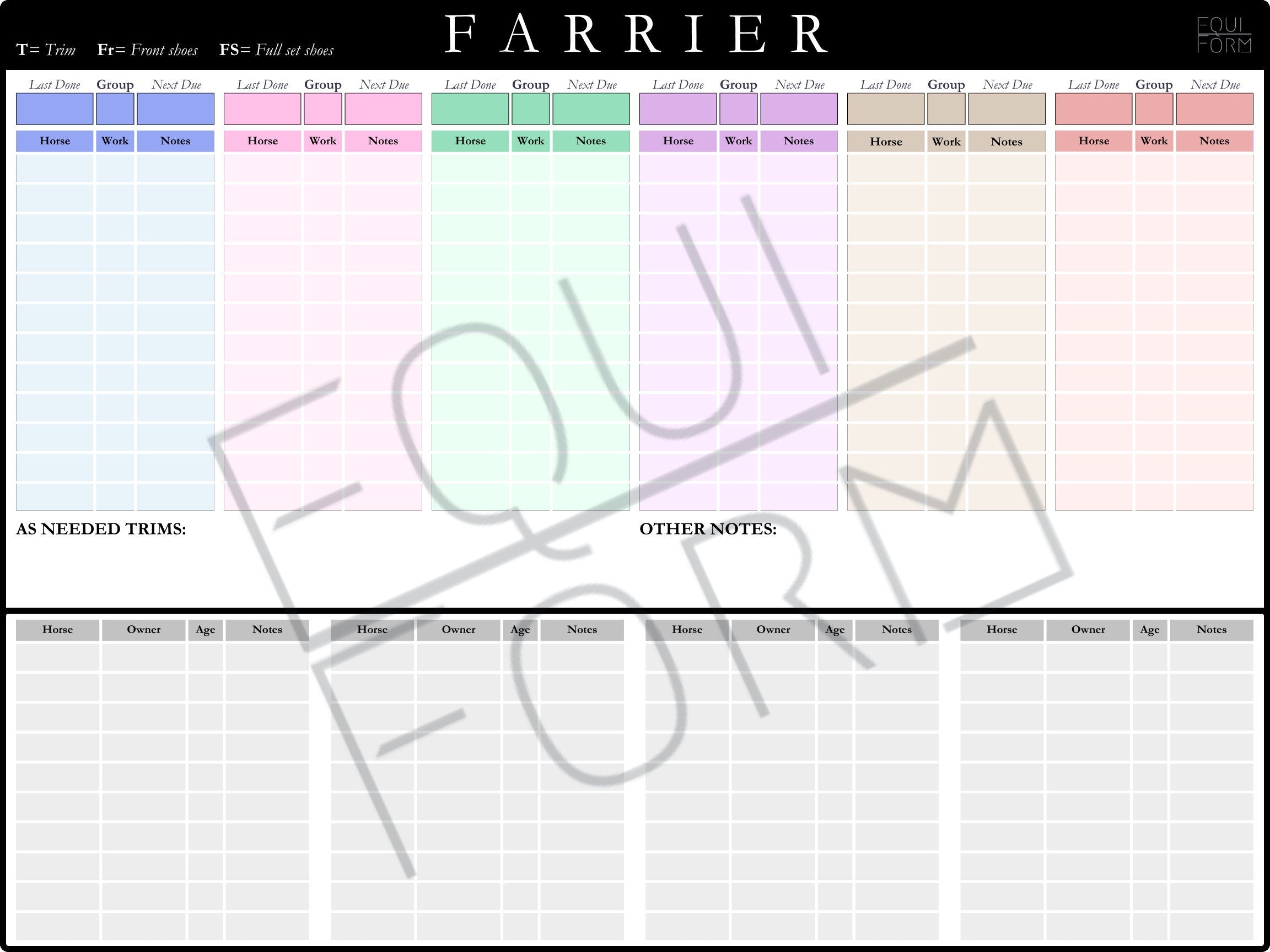 Farrier Schedule Dry Erase Whiteboard