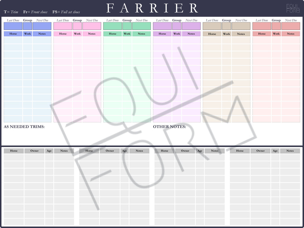 Farrier Schedule Dry Erase Whiteboard