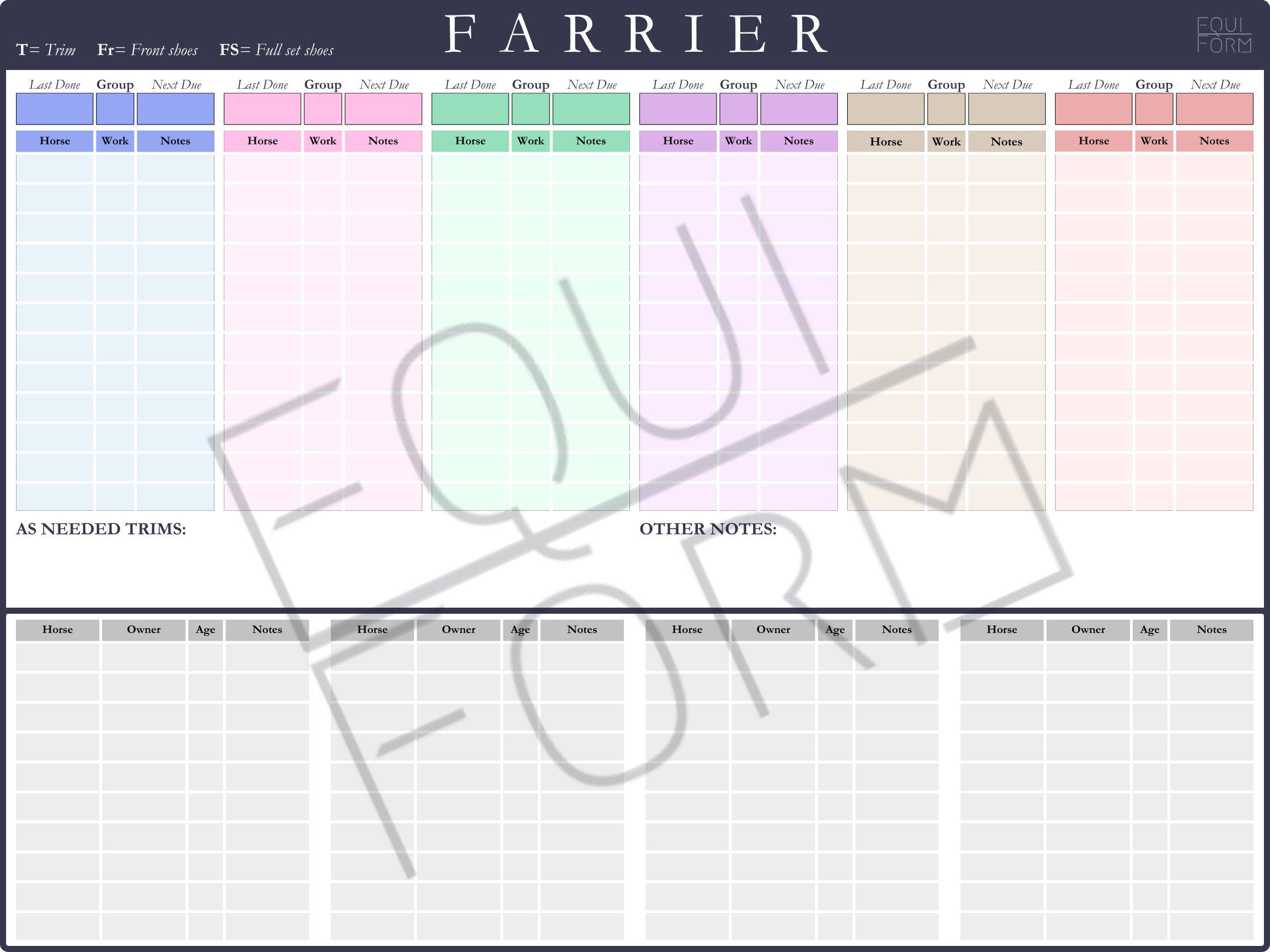 Farrier Schedule Dry Erase Whiteboard