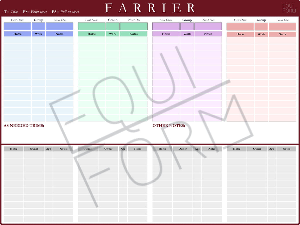Farrier Schedule Dry Erase Whiteboard