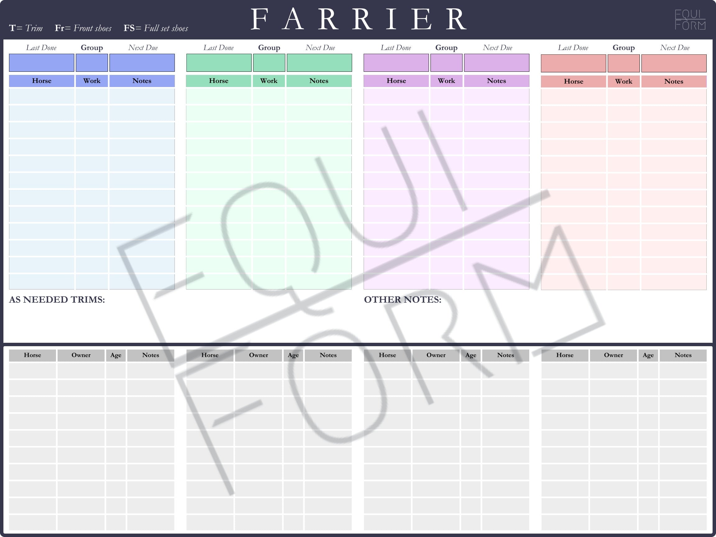 Farrier Schedule Dry Erase Whiteboard