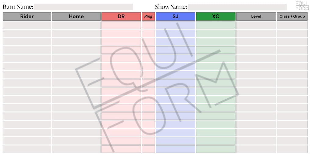 Eventing Ride Times Dry Erase Whiteboard