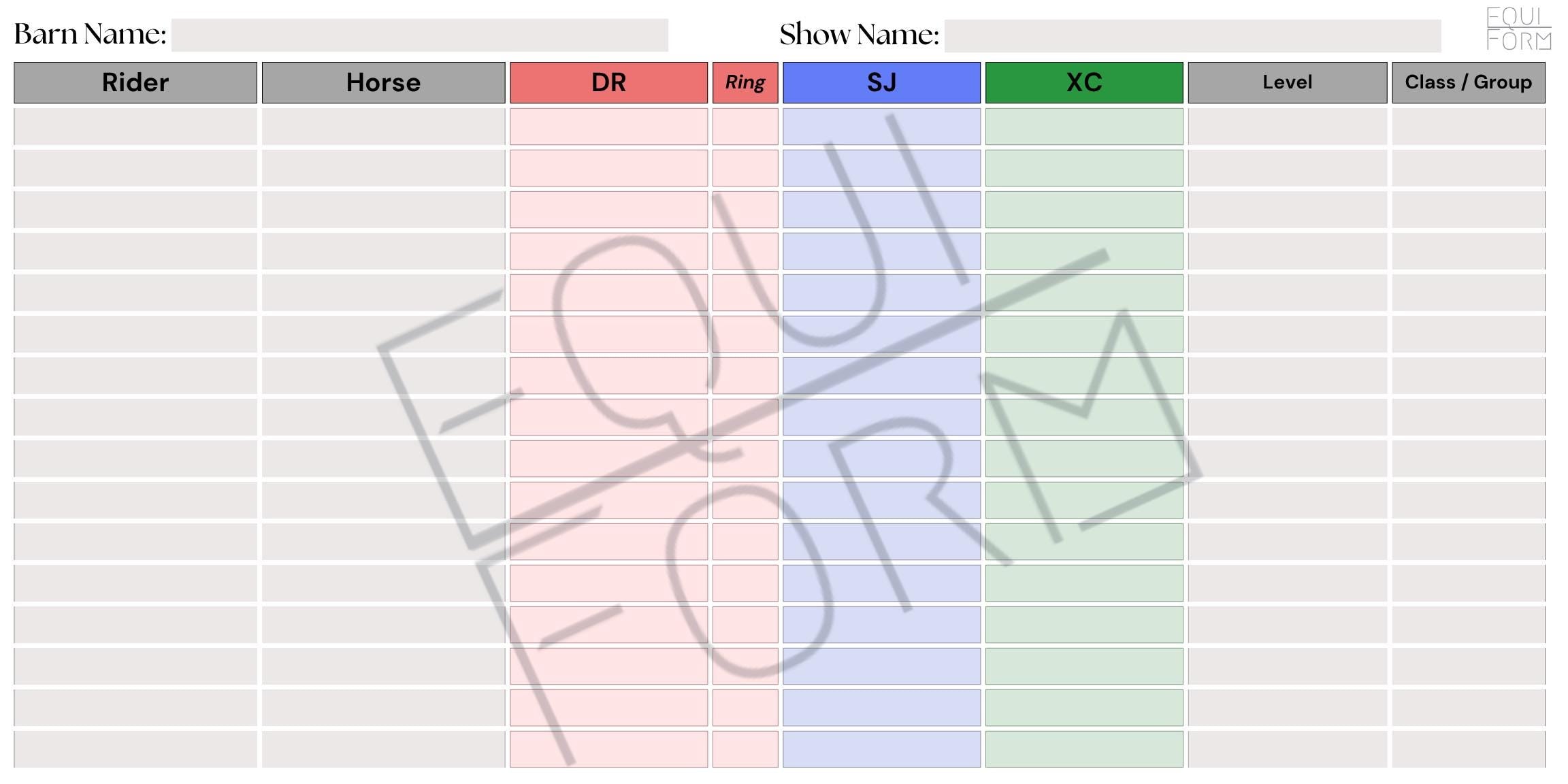 Eventing Ride Times Dry Erase Whiteboard